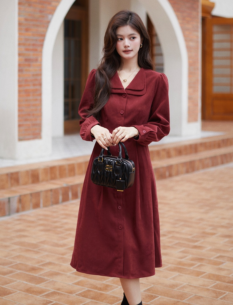 Red A-line shirt France style long dress for women