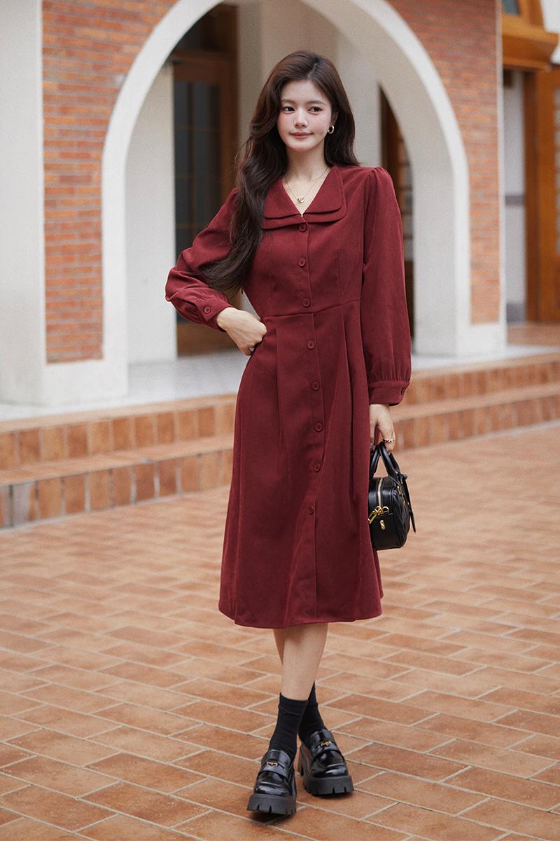 Red A-line shirt France style long dress for women