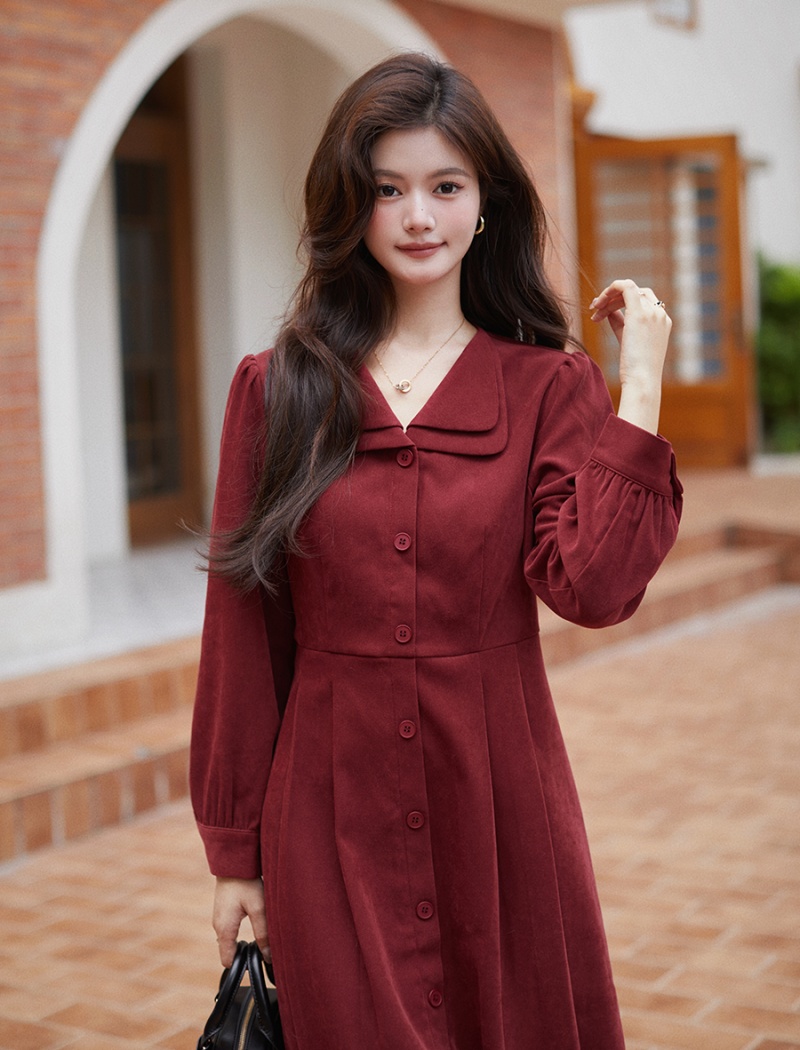 Red A-line shirt France style long dress for women