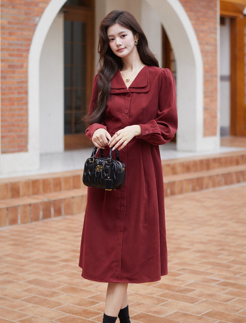 Red A-line shirt France style long dress for women