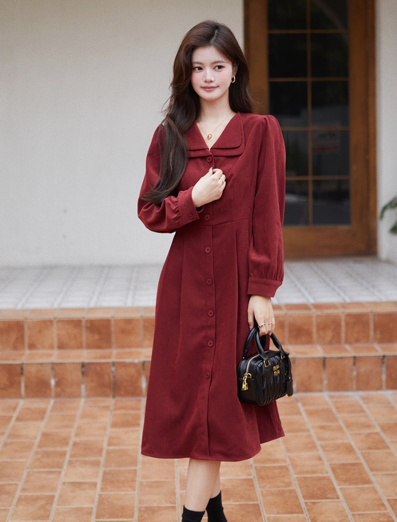 Red A-line shirt France style long dress for women