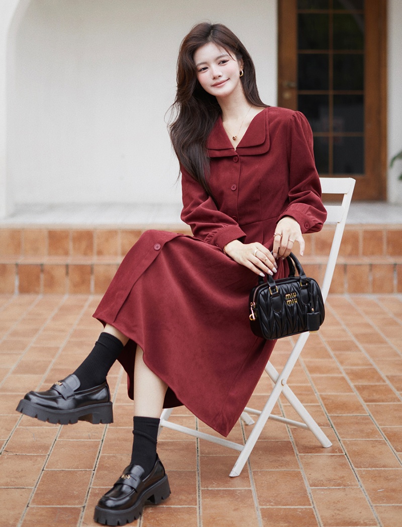 Red A-line shirt France style long dress for women