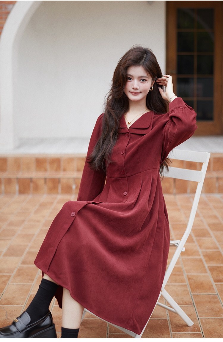 Red A-line shirt France style long dress for women