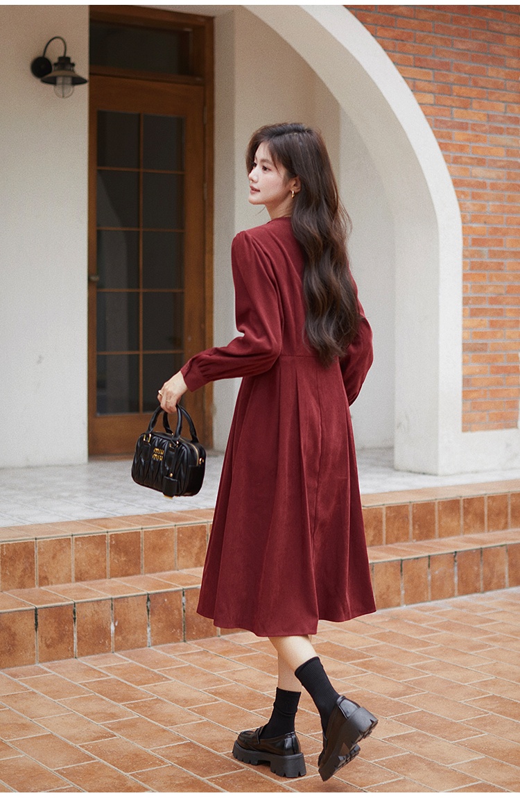 Red A-line shirt France style long dress for women