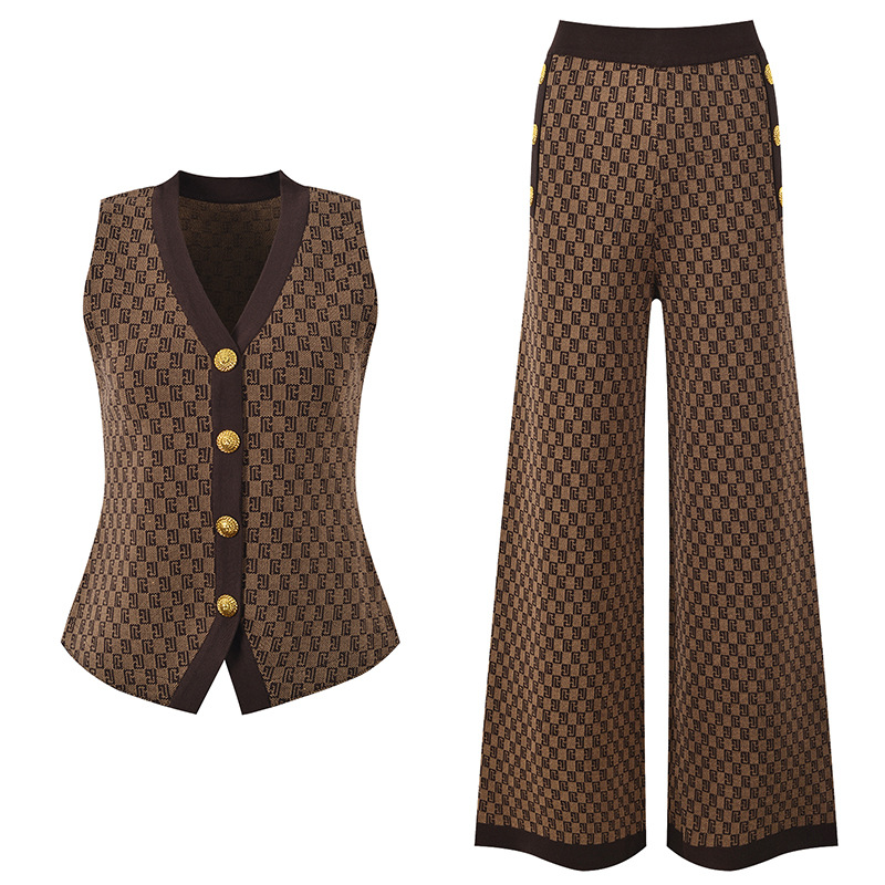 Ladies wide leg pants metal buckles waistcoat a set