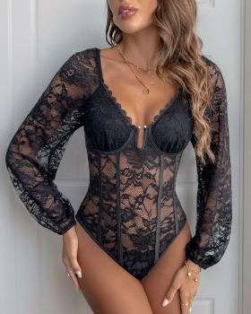 European style pure sexy lace V-neck splice autumn leotard