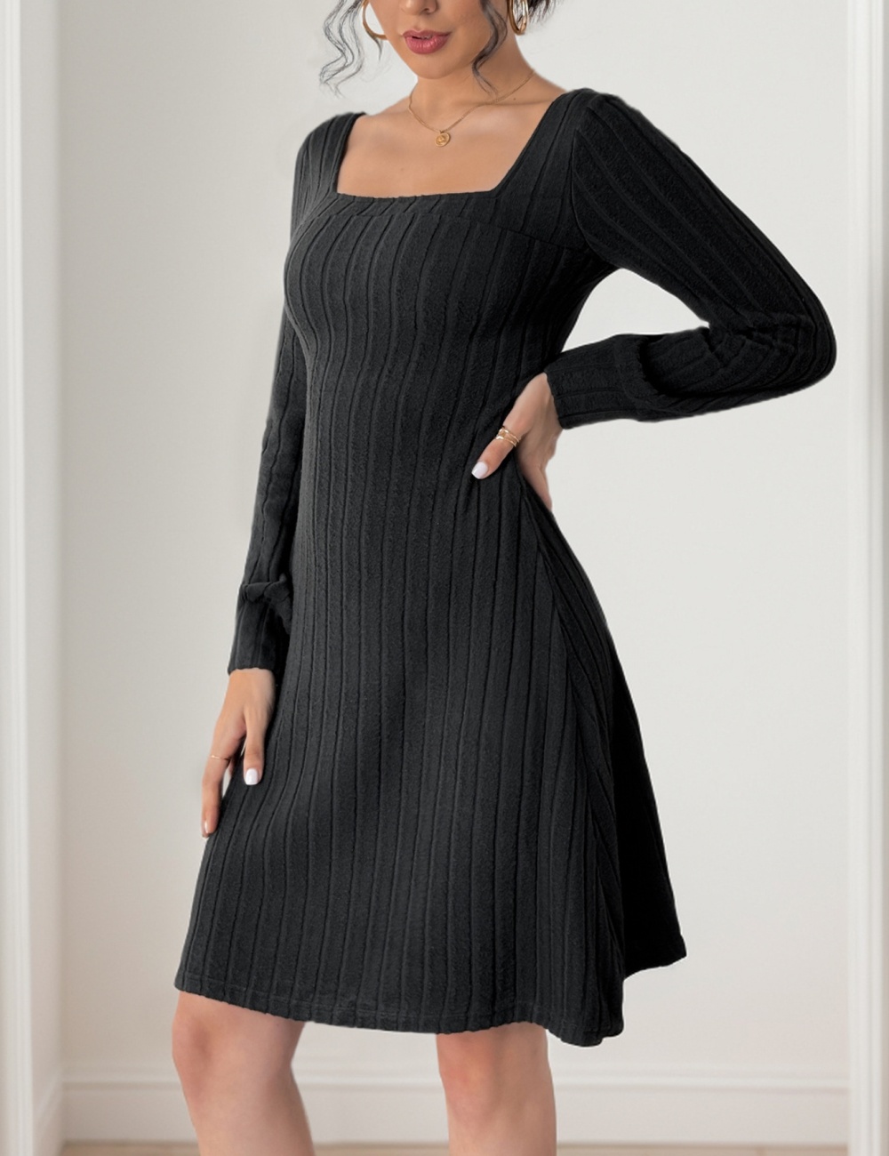 Sueding split long sleeve autumn knitted European style dress