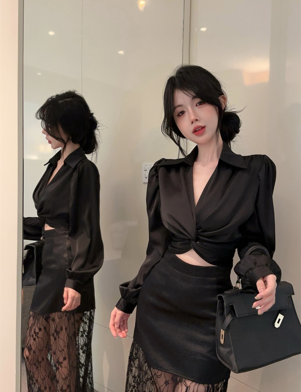 Stitching puff sleeve shirt high waist long skirt a set