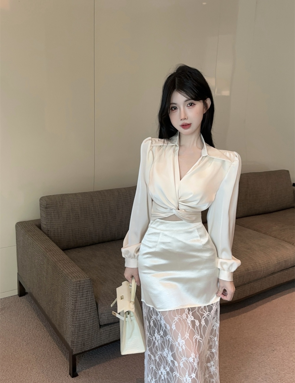 Stitching puff sleeve shirt high waist long skirt a set