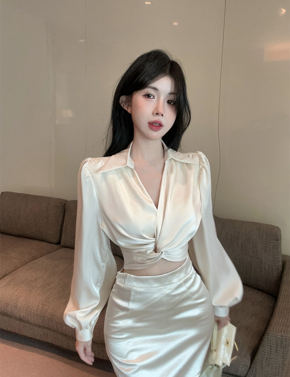 Stitching puff sleeve shirt high waist long skirt a set