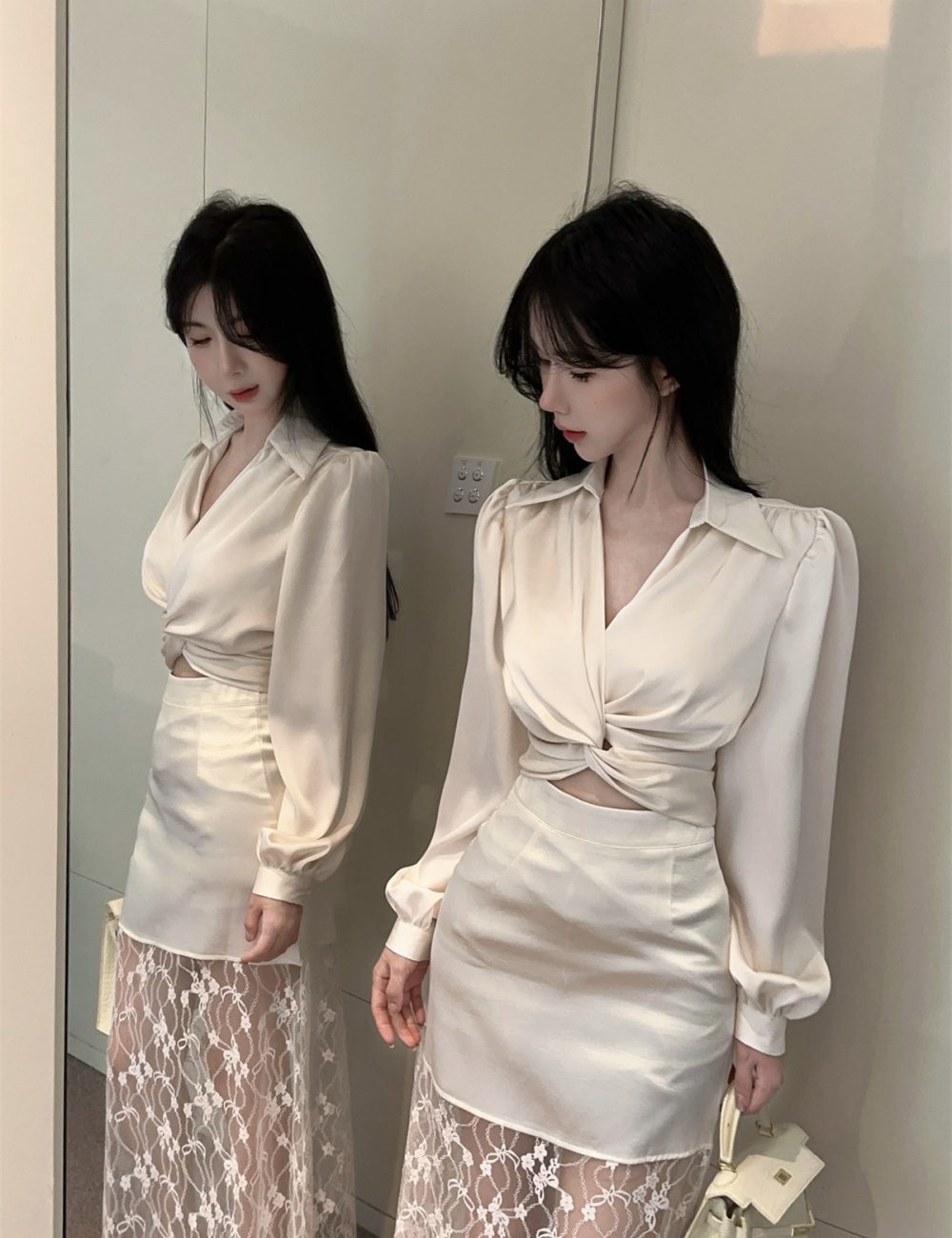 Stitching puff sleeve shirt high waist long skirt a set