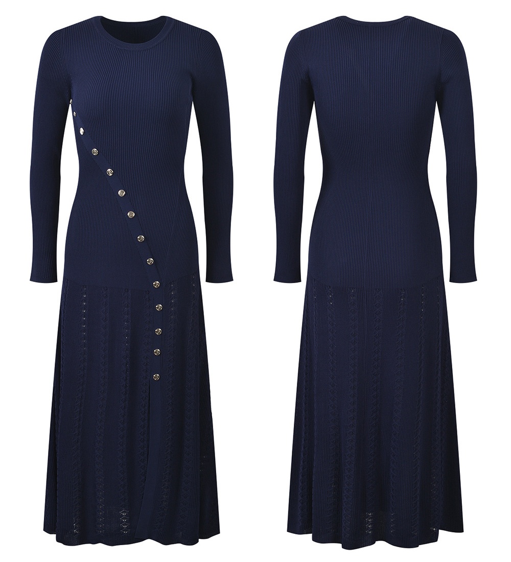 Round neck split screw thread long sleeve dress