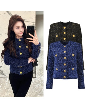 Coarse flower round neck cardigan chanelstyle tops