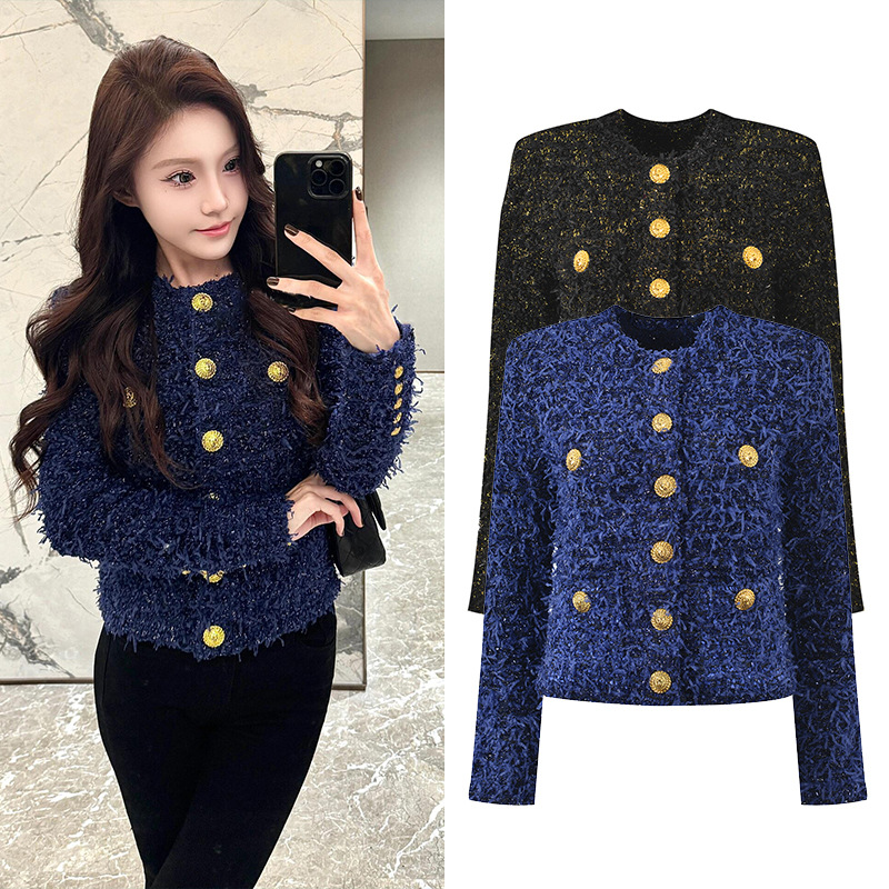 Coarse flower round neck cardigan chanelstyle tops