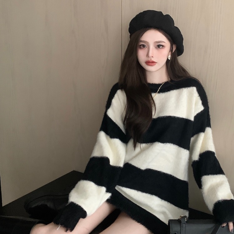 Stripe mixed colors loose lazy hairy sueding sweater