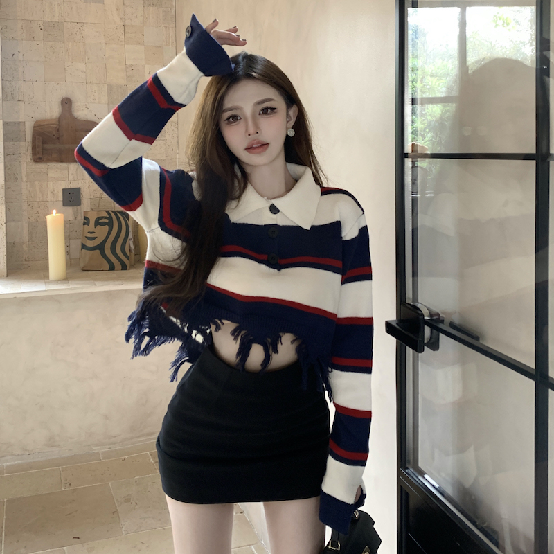 Holes retro long sleeve Korean style sweater for women