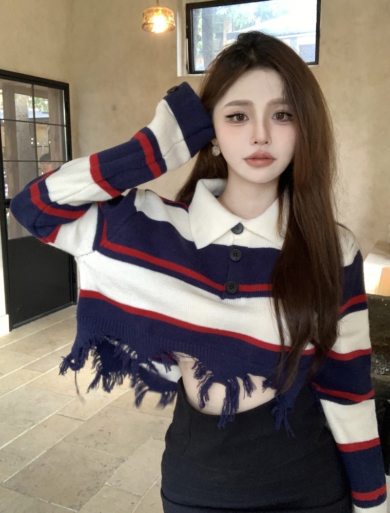 Holes retro long sleeve Korean style sweater for women