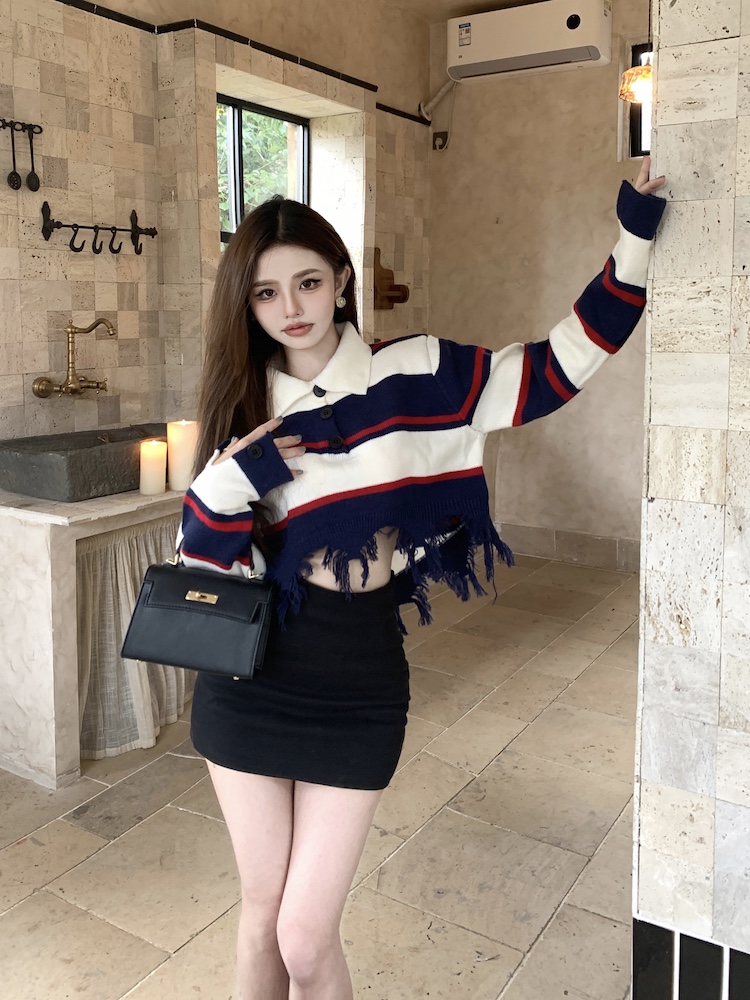 Holes retro long sleeve Korean style sweater for women