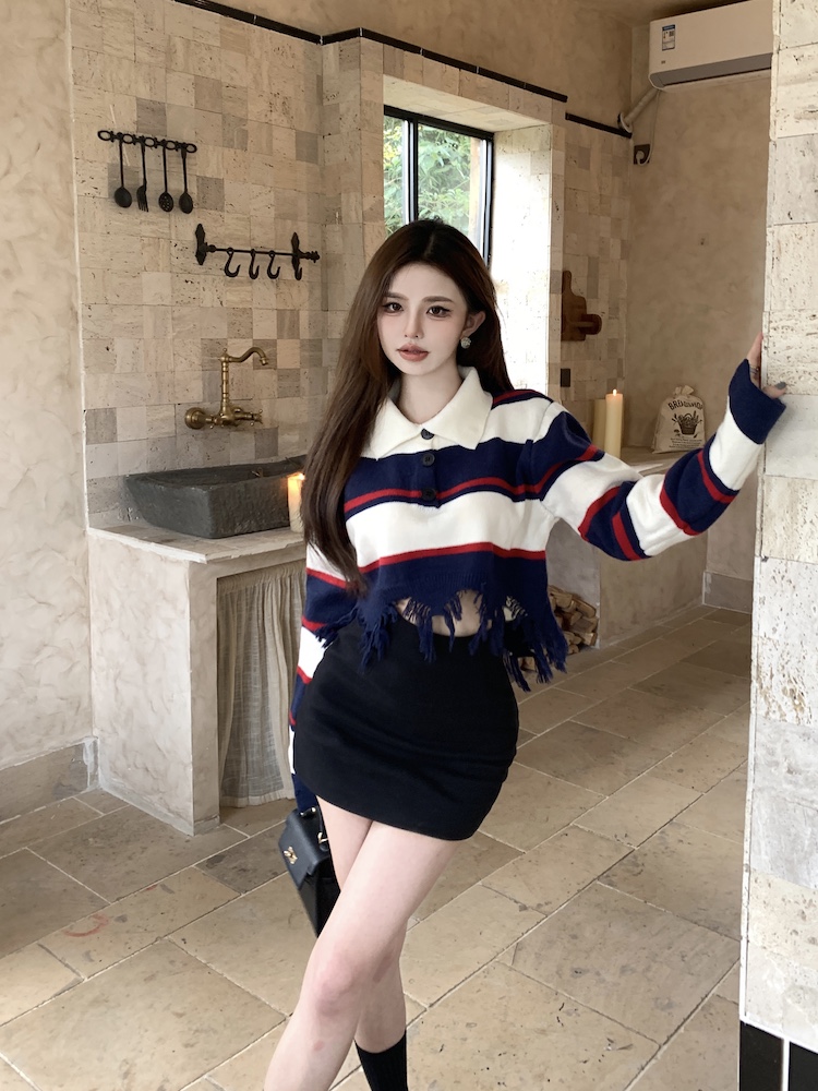 Holes retro long sleeve Korean style sweater for women