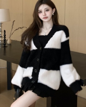 Autumn stripe fluffy coat thick mixed colors lazy sweater