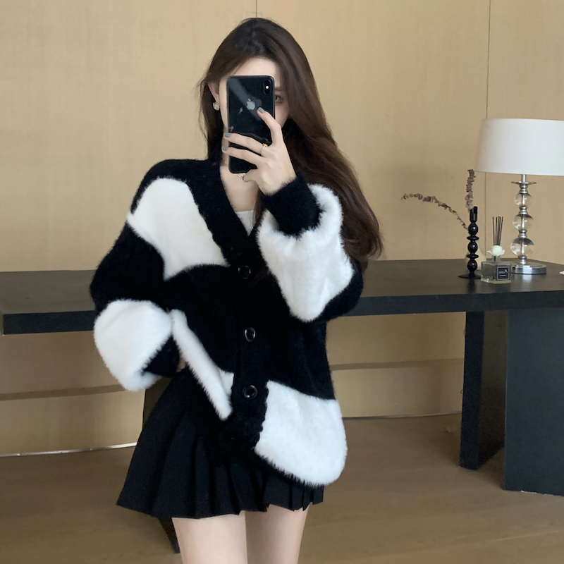 Autumn stripe fluffy coat thick mixed colors lazy sweater