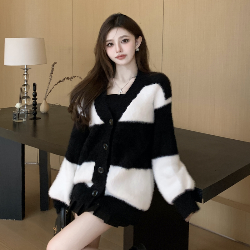 Autumn stripe fluffy coat thick mixed colors lazy sweater