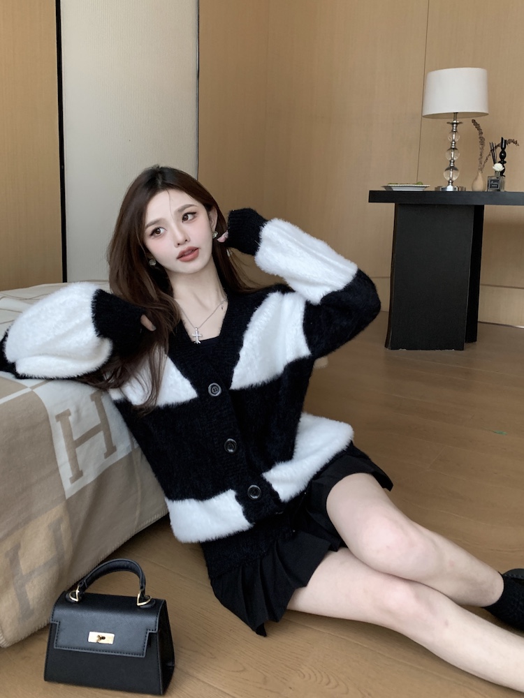 Autumn stripe fluffy coat thick mixed colors lazy sweater