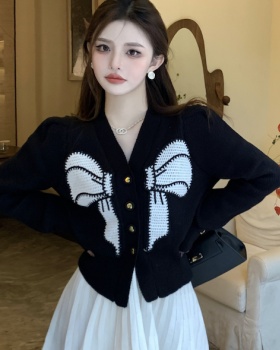 Bow mixed colors cardigan embroidery unique sweater for women