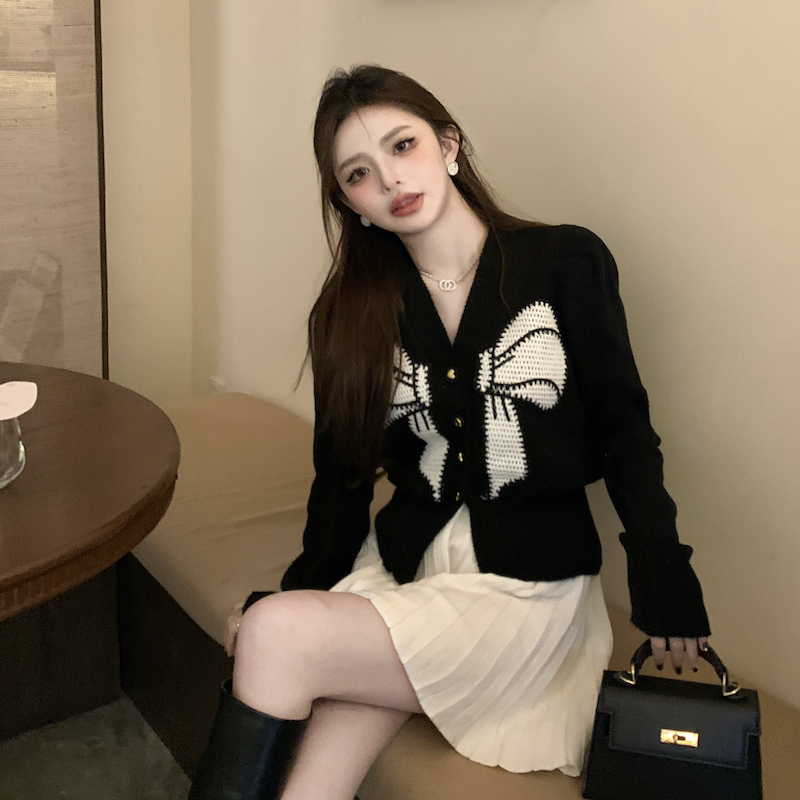 Bow mixed colors cardigan embroidery unique sweater for women