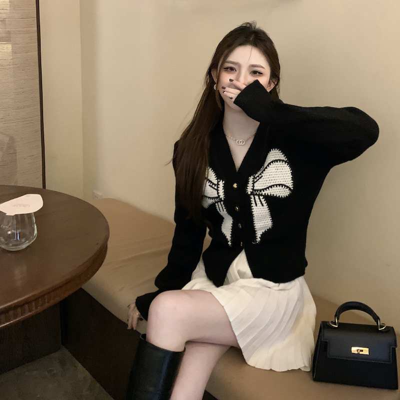 Bow mixed colors cardigan embroidery unique sweater for women