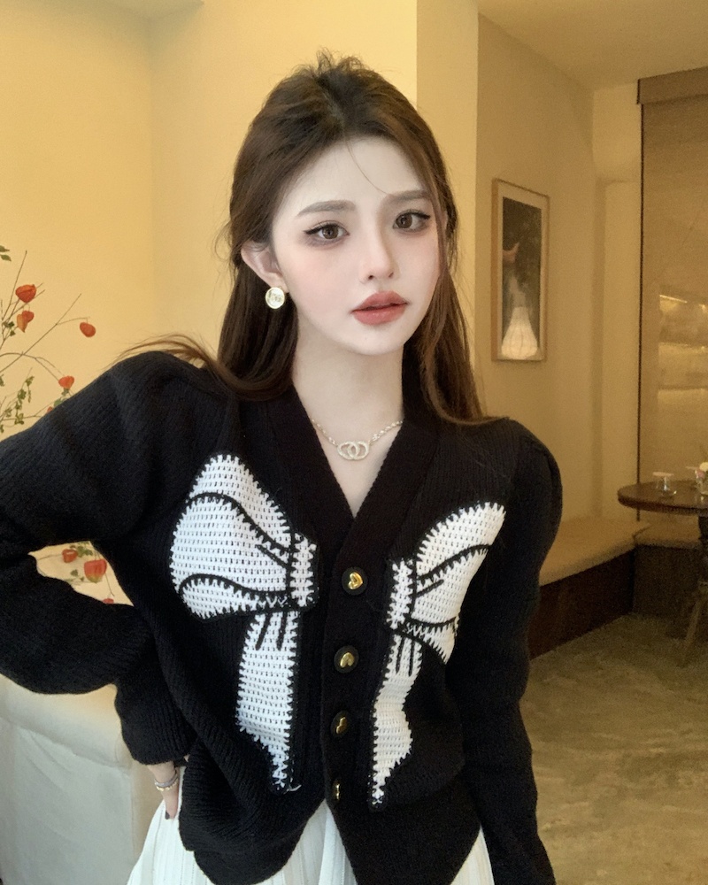 Bow mixed colors cardigan embroidery unique sweater for women