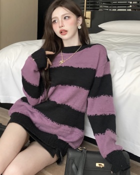 Hollow long tops thin stripe sweater for women