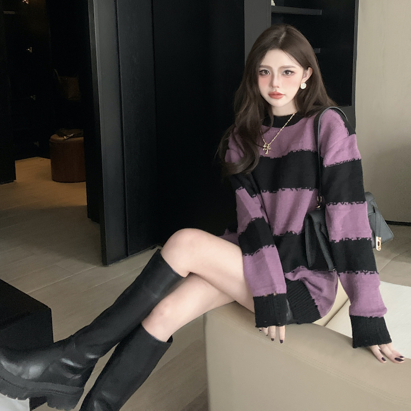 Hollow long tops thin stripe sweater for women