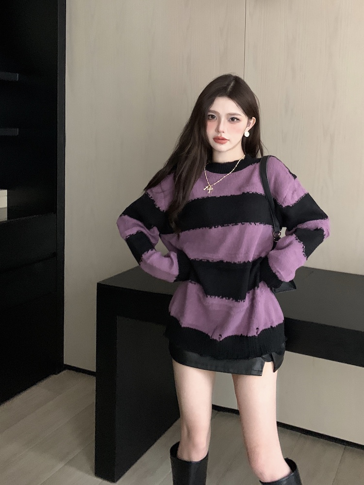 Hollow long tops thin stripe sweater for women