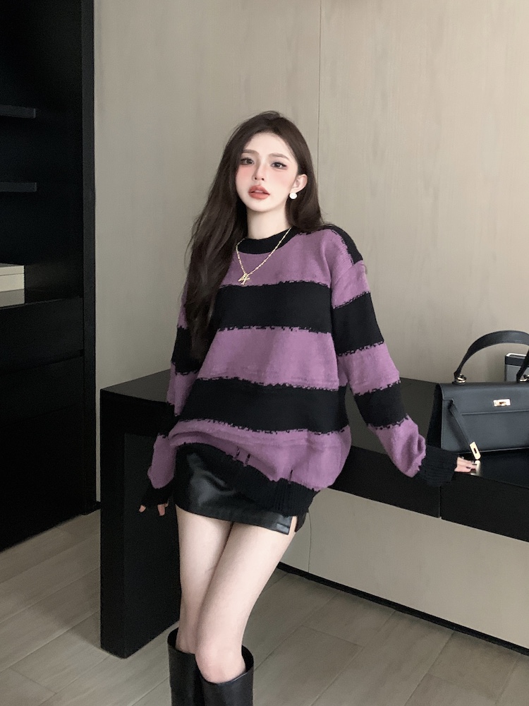 Hollow long tops thin stripe sweater for women