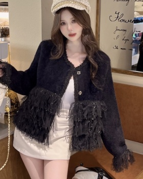 Mink hair short round neck coat show young splice cardigan