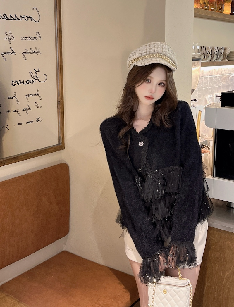 Mink hair short round neck coat show young splice cardigan