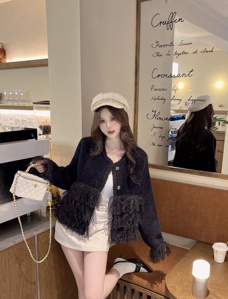 Mink hair short round neck coat show young splice cardigan