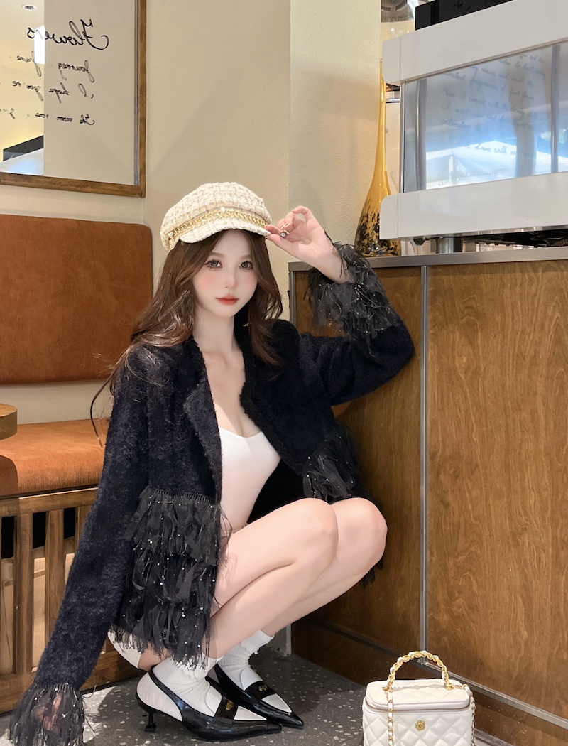 Mink hair short round neck coat show young splice cardigan