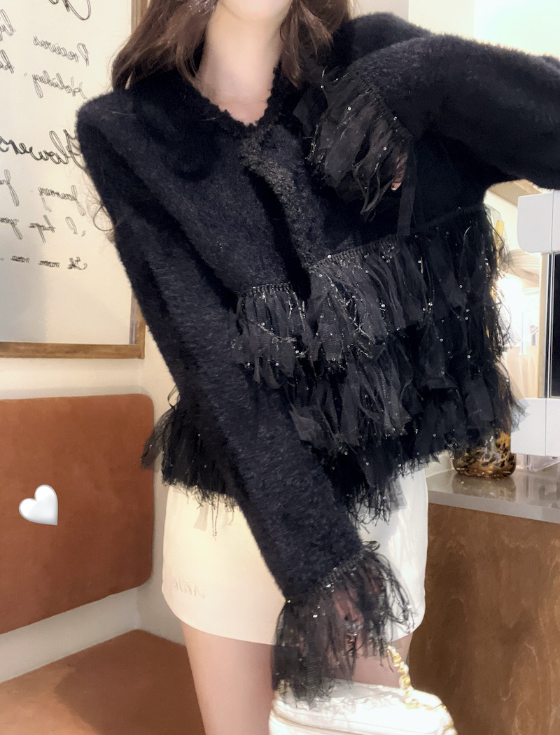 Mink hair short round neck coat show young splice cardigan