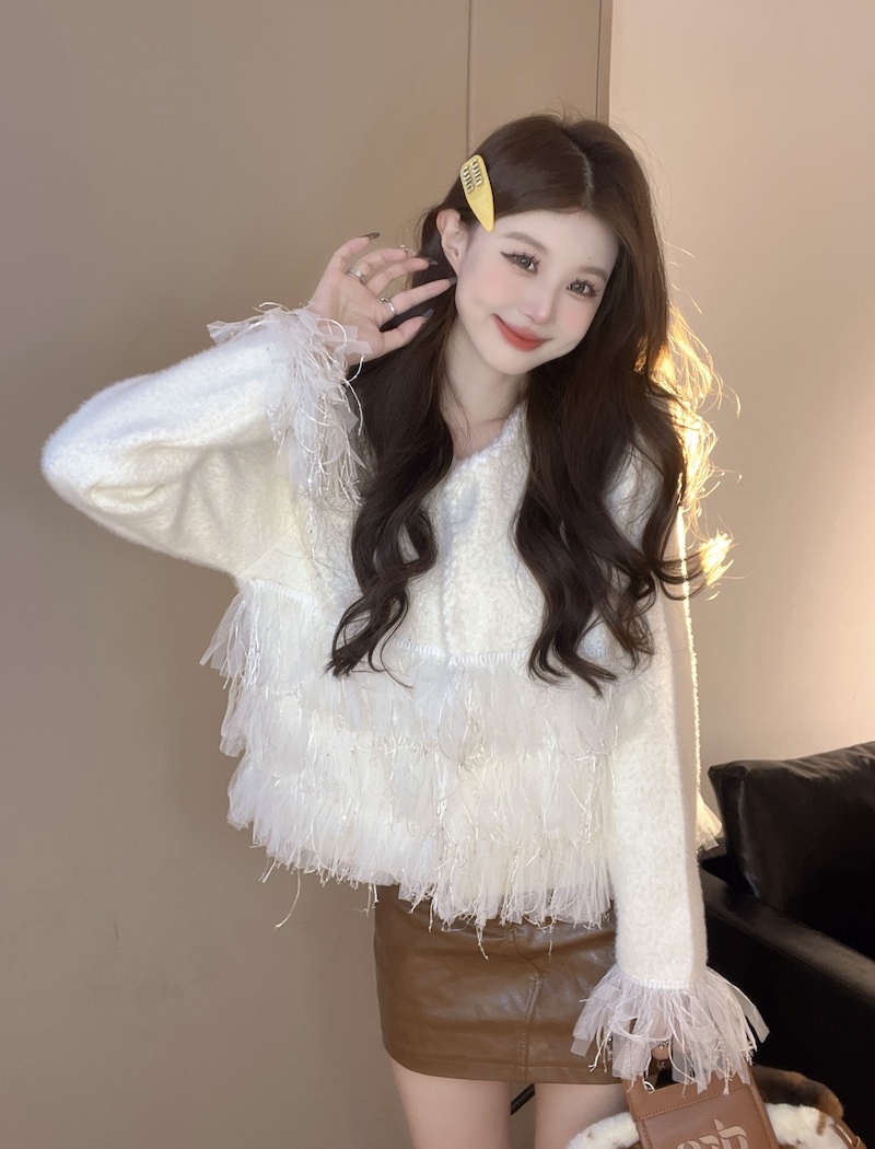 Mink hair short round neck coat show young splice cardigan