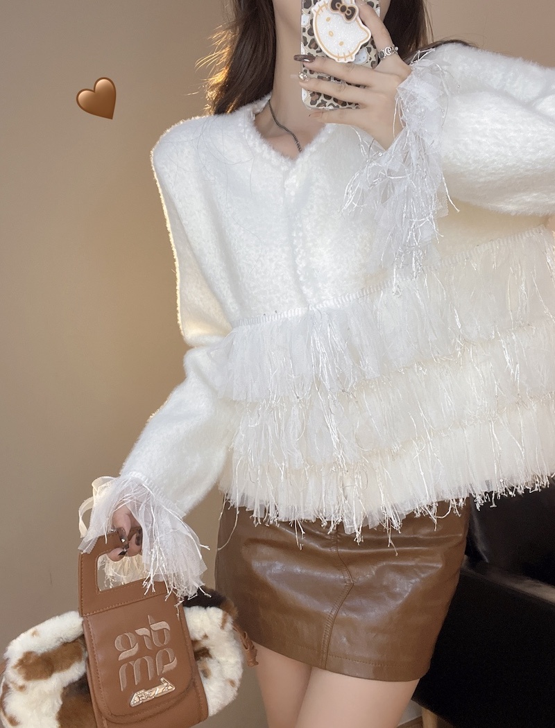 Mink hair short round neck coat show young splice cardigan