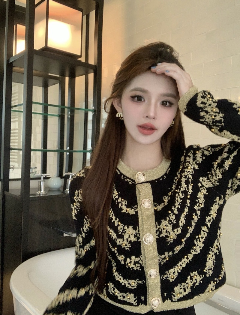 Gold line temperament cardigan knitted ladies tops for women