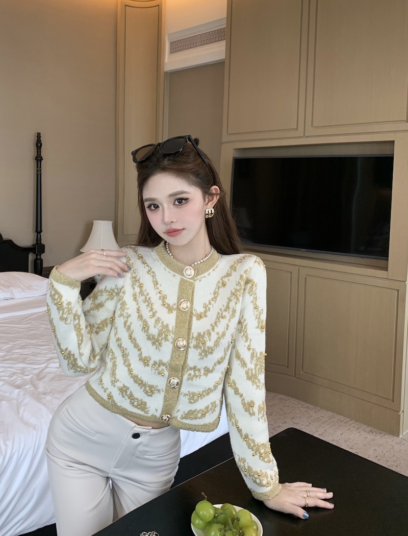 Gold line temperament cardigan knitted ladies tops for women