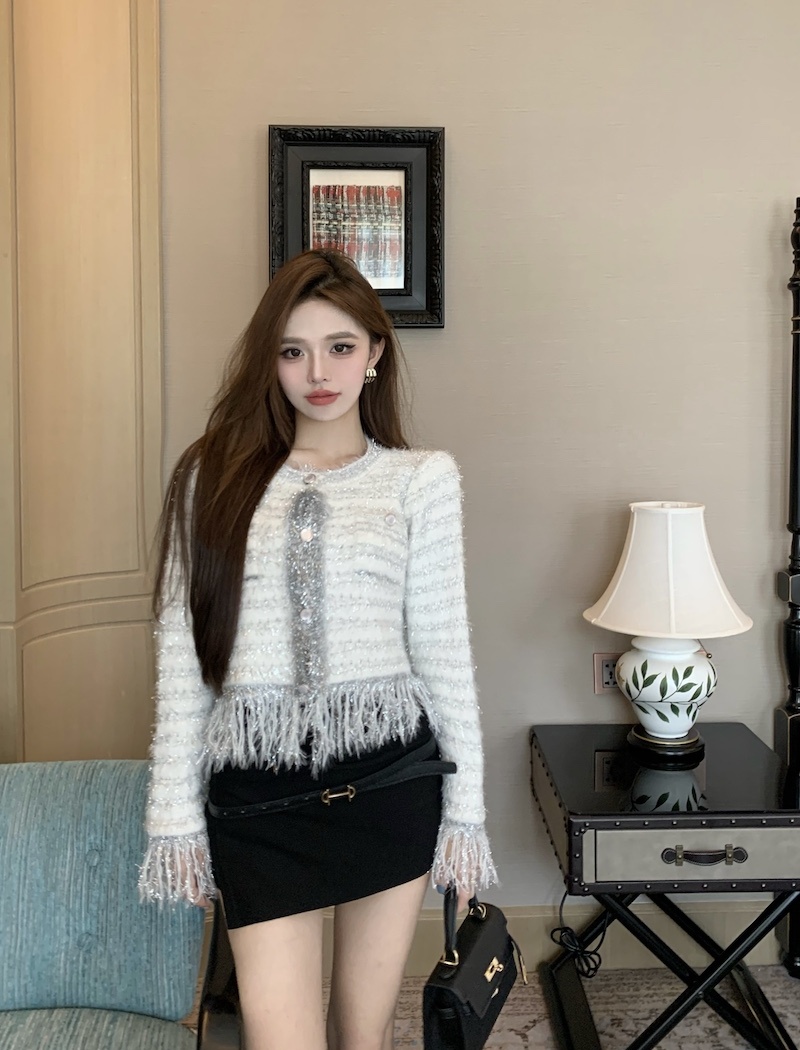 Round neck tassels coat long sleeve chanelstyle shawl