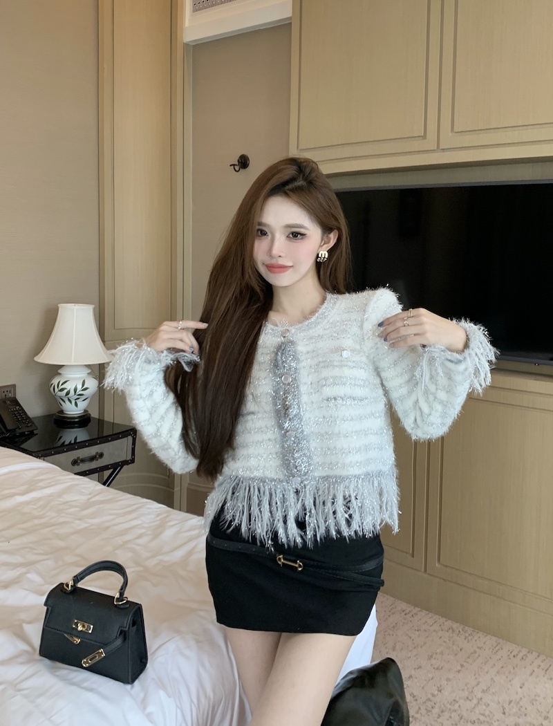 Round neck tassels coat long sleeve chanelstyle shawl