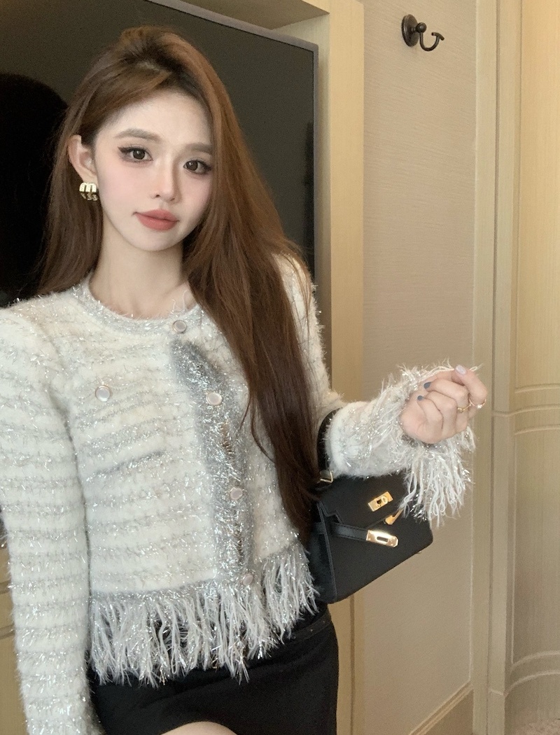 Round neck tassels coat long sleeve chanelstyle shawl