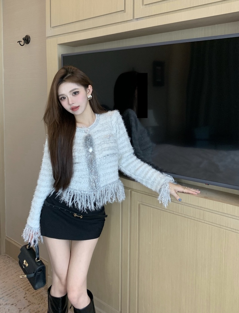 Round neck tassels coat long sleeve chanelstyle shawl