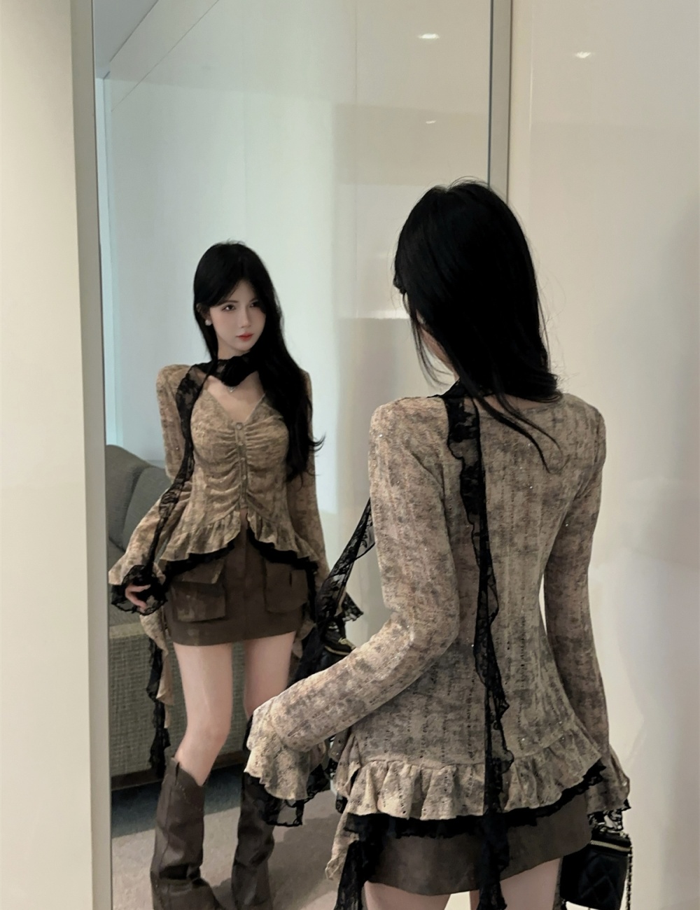 Lace colors skirt V-neck leather skirt 2pcs set for women