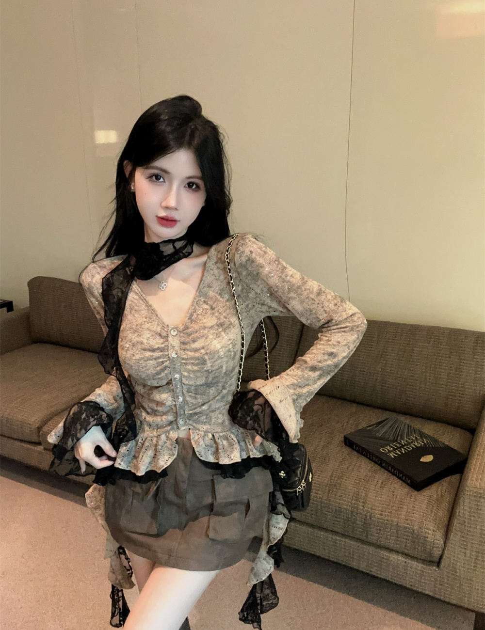 Lace colors skirt V-neck leather skirt 2pcs set for women